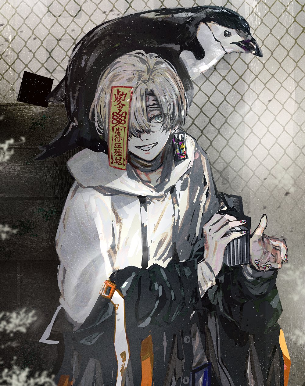 1boy animal bandaged_neck bandages bird black_jacket blue_eyes building chain-link_fence daenarys earrings eyes_visible_through_hair fence fingernails floppy_disk fog grey_hair hair_over_one_eye highres hood hood_down hoodie jacket jewelry looking_at_viewer male_focus nail_art nail_polish ofuda original outdoors penguin smile solo talisman teeth tire white_hoodie