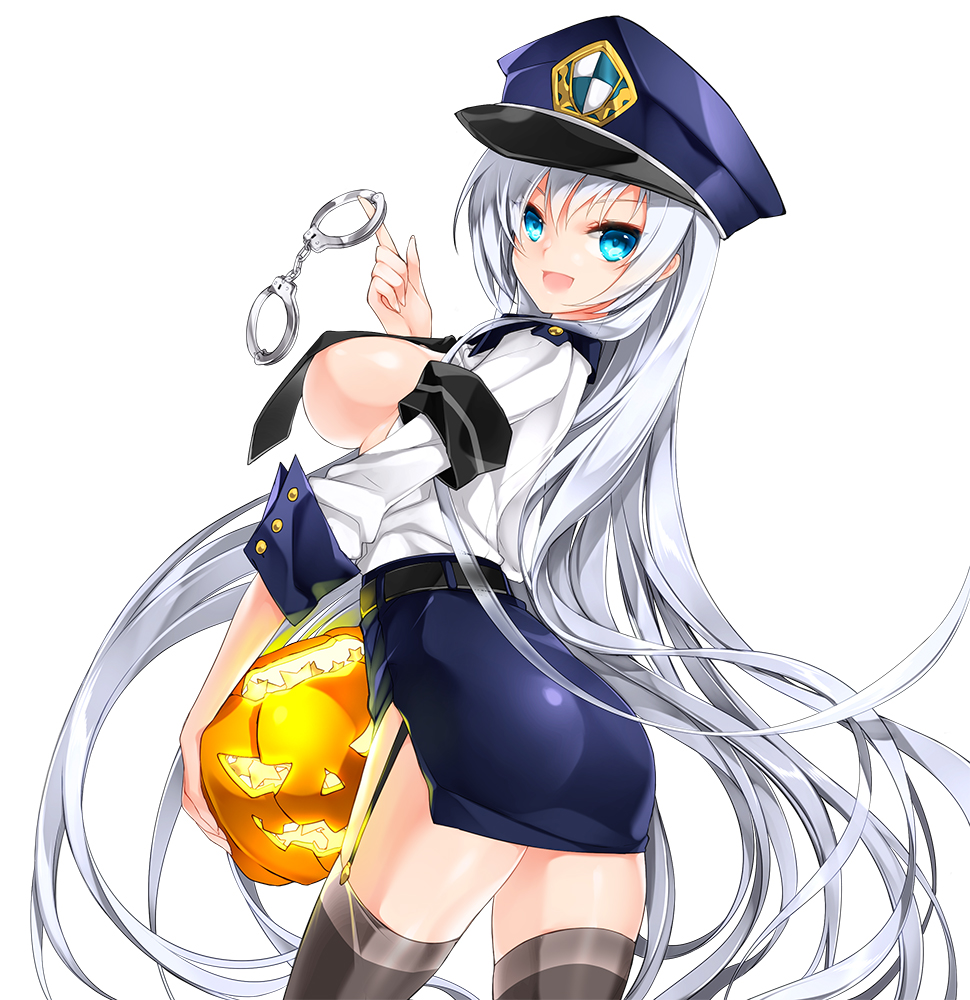 1girl alternate_costume armband belt black_thighhighs blue_eyes blush breasts cuffs female_focus garter_straps hat jack-o&#039;-lantern juna large_breasts long_hair looking_at_viewer open_mouth peaked_cap police police_uniform pumpkin sigma_(sword_girls) silver_hair simple_background skirt smile solo sword_girls thighhighs very_long_hair white_background