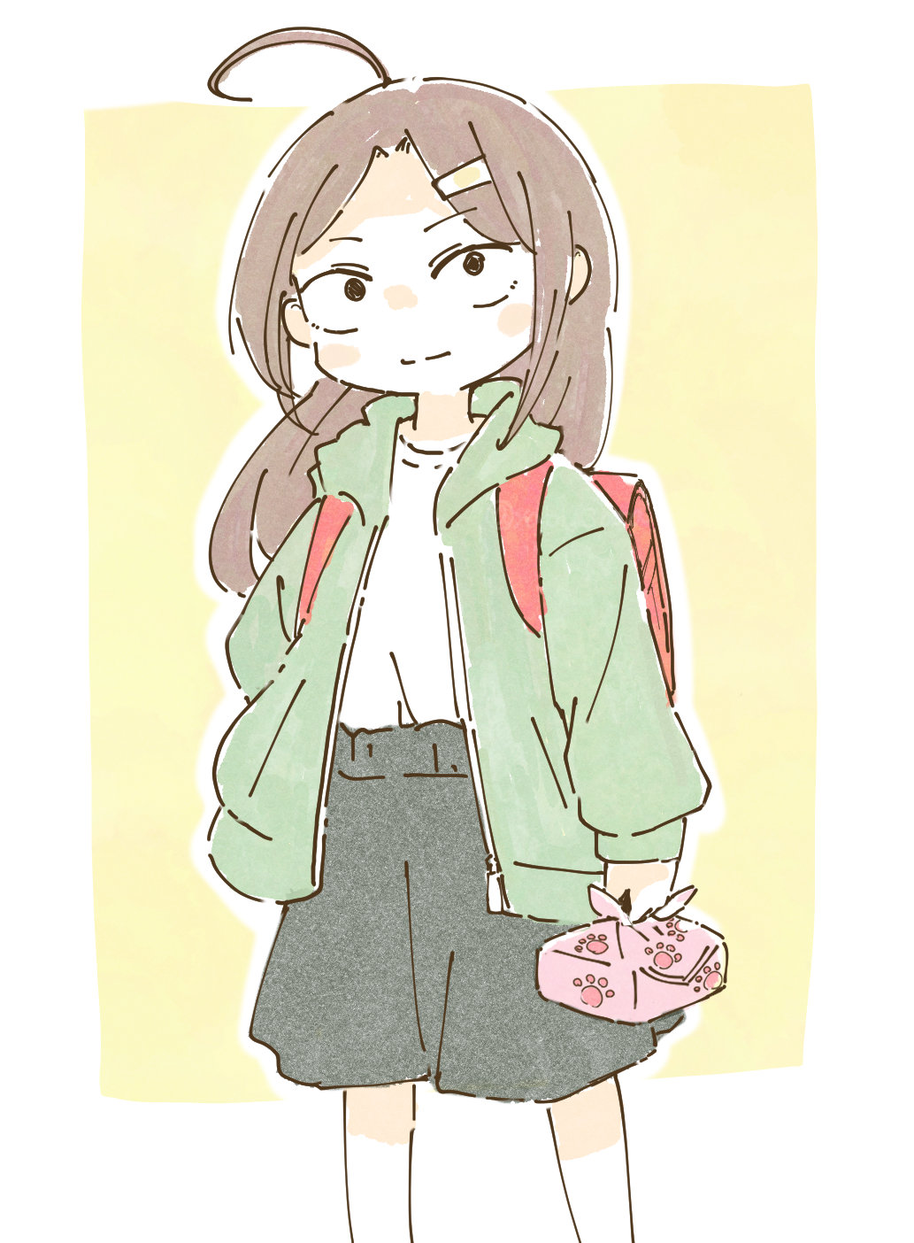 1girl ahoge backpack bag bento black_skirt blush_stickers brown_hair child commentary feet_out_of_frame green_jacket hair_ornament hairclip highres holding_bento jacket light_smile long_hair long_sleeves looking_at_viewer open_clothes open_jacket outline parted_bangs randoseru shiraishi_marika shirt simple_background skirt solo tsuma_shougakusei_ni_naru white_outline white_shirt wrapped_bento yabisara yellow_background