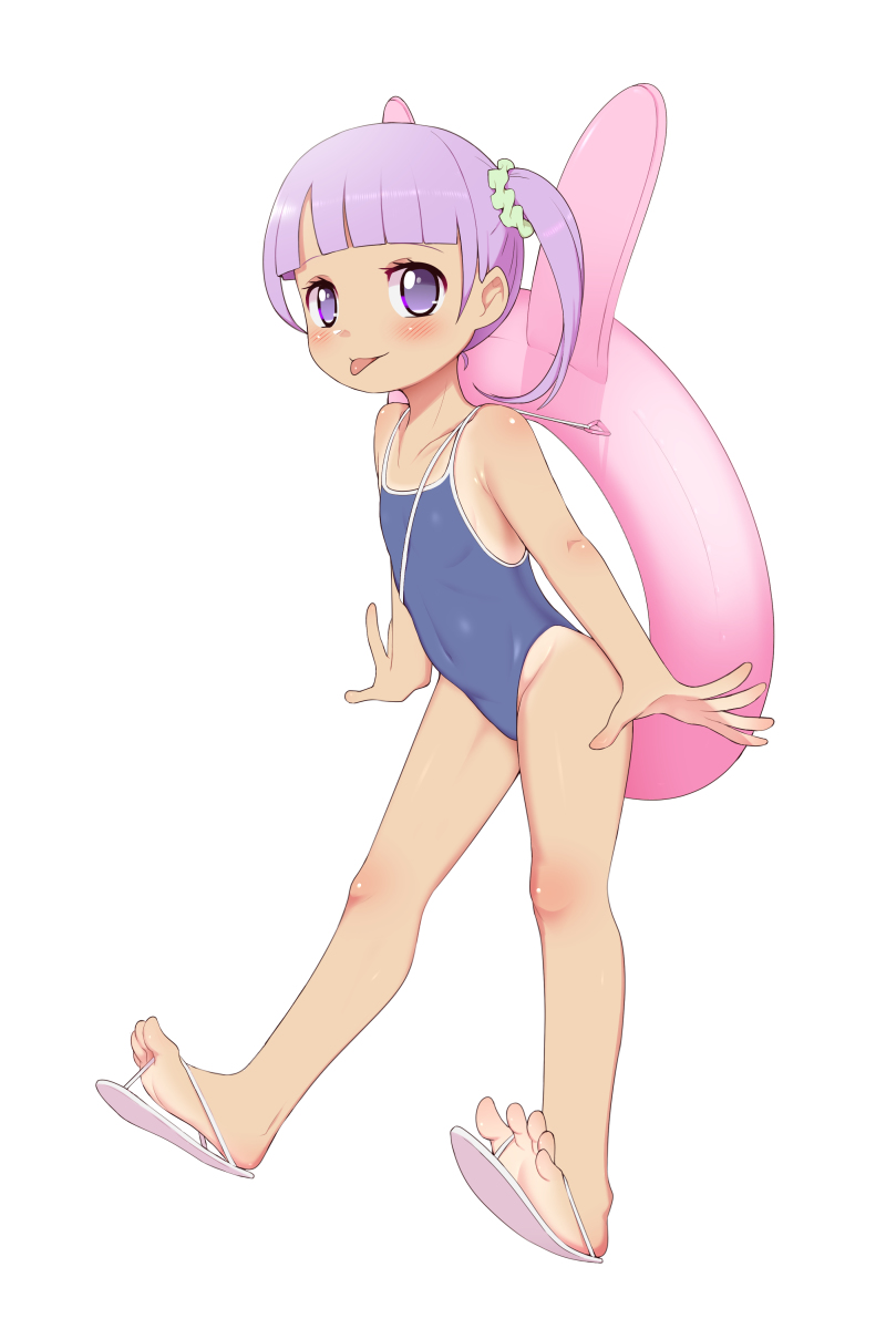 1girl blue_one-piece_swimsuit blush child collarbone feet female_focus flip-flops highres idol_time_pripara innertube long_hair looking_at_viewer maidforge manaka_non one-piece_swimsuit pretty_series pripara purple_eyes purple_hair sandals school_swimsuit scrunchie simple_background solo swim_ring swimsuit tan tongue tongue_out twintails white_background white_footwear