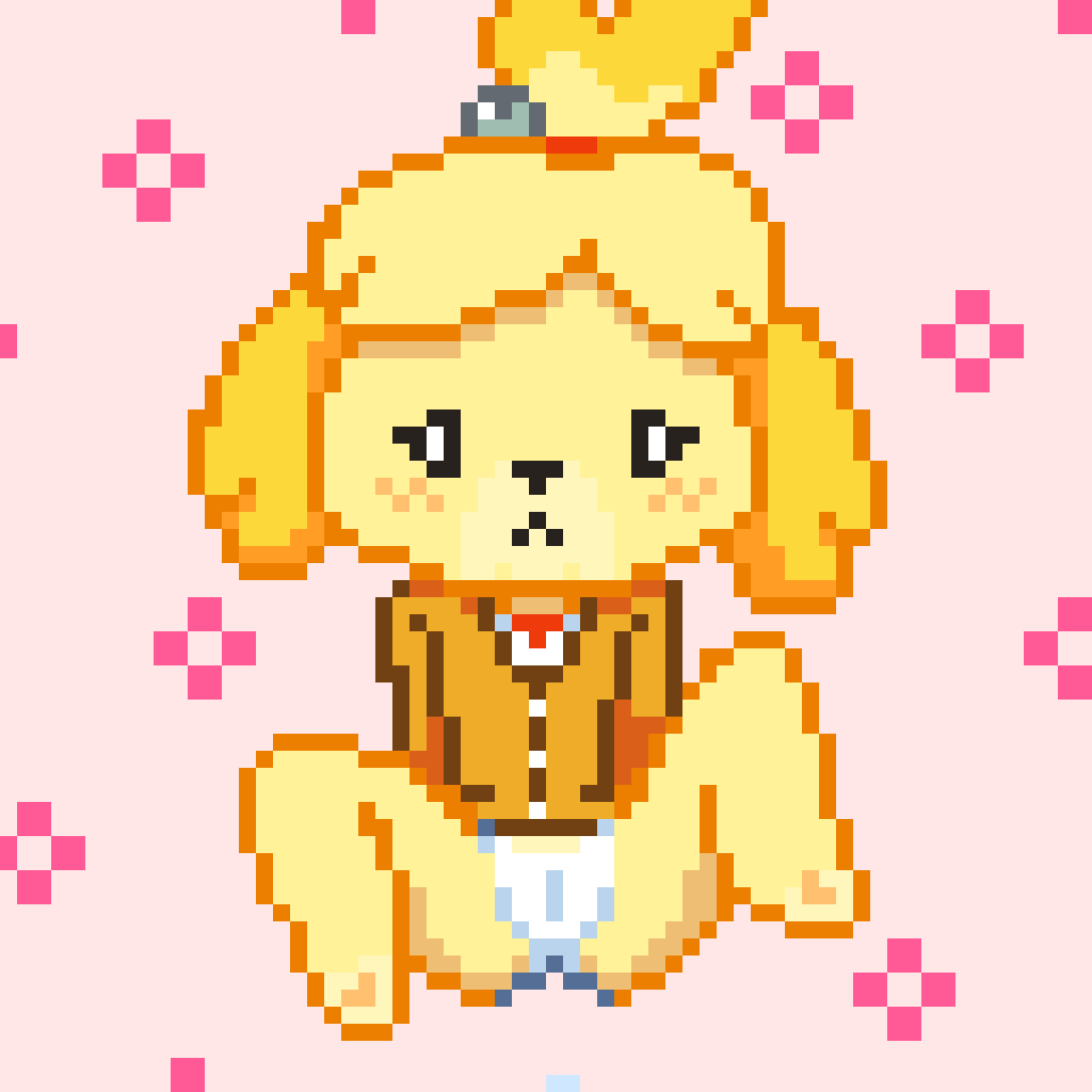 1girl animal_crossing animal_ears animal_nose arms_at_sides barefoot blonde_hair blush body_fur cameltoe dog_ears dog_girl female_focus full_body furry furry_female hair_bobbles hair_ornament hair_tie isabelle_(animal_crossing) lewlem light_blush long_sleeves nintendo panties parted_bangs pink_background pixel_art short_hair sitting solo spread_legs topknot two-tone_fur underwear white_panties yellow_fur