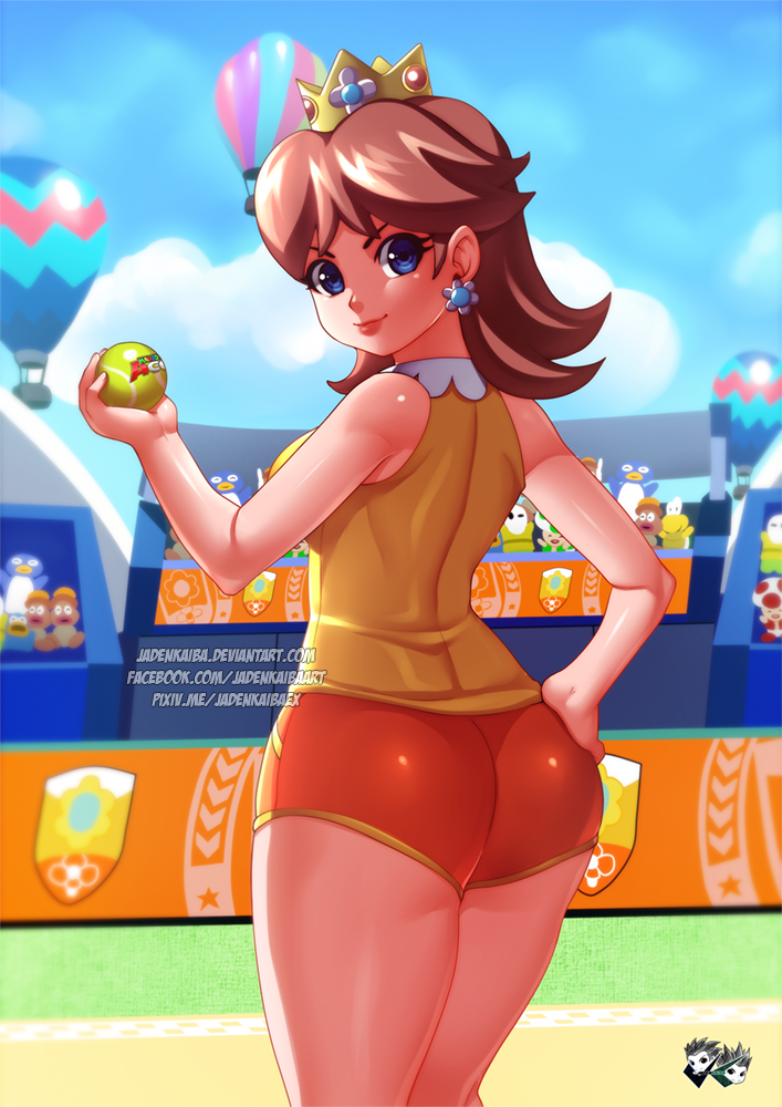 1girl ass ball bare_shoulders blue_eyes breasts brown_hair crown curvy earrings female_focus from_behind hand_on_own_hip jadenkaiba jewelry large_breasts looking_at_viewer looking_back mario_(series) mario_tennis mario_tennis_aces medium_hair nintendo outdoors pixiv_username princess_daisy shiny_clothes shiny_skin short_shorts shorts sideboob smile solo super_mario_bros._1 super_mario_land tennis_ball tennis_daisy thighs toad_(mario) wide_hips