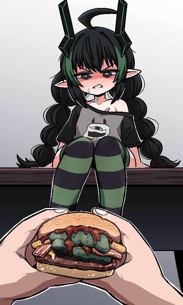 1girl ahoge black_hair blush braid bright_pupils burger character_request collarbone copyright_request feet feet_in_food food foot_focus foreshortening green_eyes green_hair green_theme grey_background grey_shirt hair_between_eyes hair_ornament indie_virtual_youtuber ink_(inksgirls) legs_together long_hair looking_at_viewer multicolored_hair no_shoes pointy_ears pov shirt short_sleeves sidelocks single_bare_shoulder sitting solo_focus streaked_hair striped_clothes striped_thighhighs thighhighs toes twin_braids v-shaped_eyebrows very_long_hair white_pupils