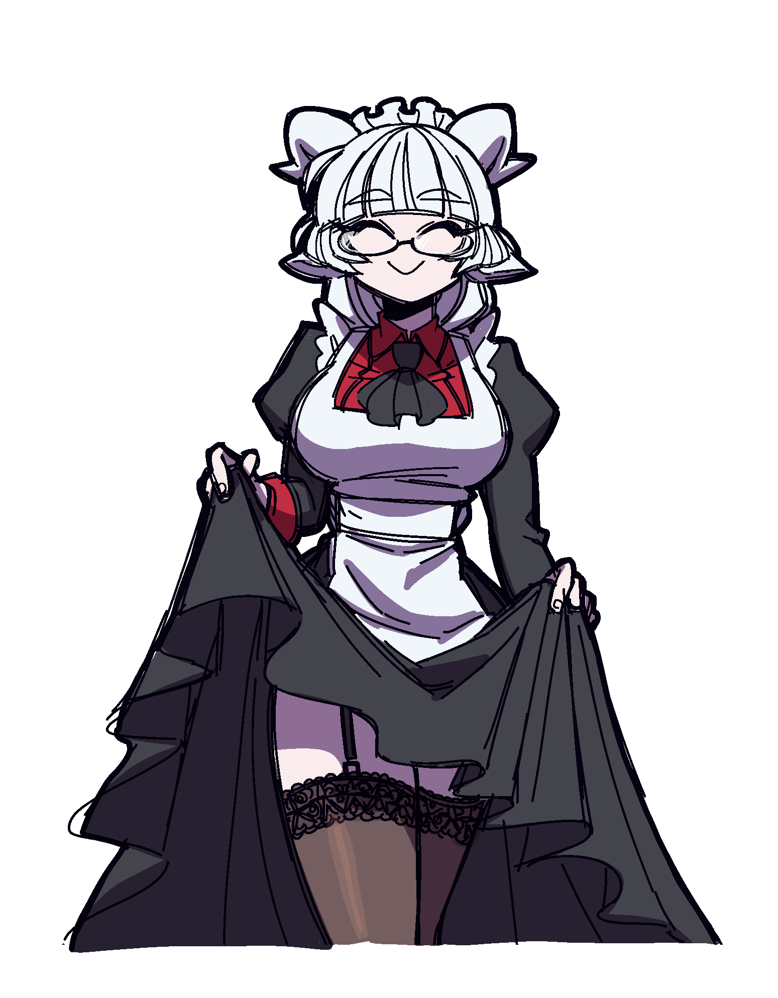 1girl animal_ears baphomet_(grizz) black_dress breasts demon_girl dress closed_eyes garter_belt glasses goat_horns grizz helltaker highres horns large_breasts long_hair maid_headdress red_shirt shirt simple_background smile solo thighhighs white_background white_hair