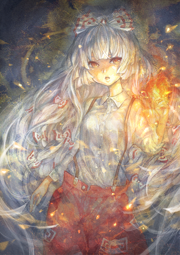 1girl bonnou-s-rice bow dress_shirt female_focus fire fujiwara_no_mokou hair_bow long_hair painting_(medium) pants red_eyes shirt silver_hair solo suspenders touhou traditional_media very_long_hair watercolor_(medium)