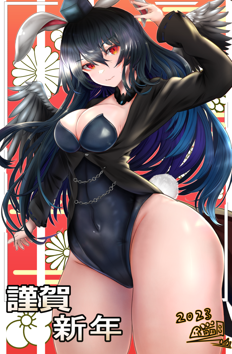 1girl 2023 alternate_costume animal_ears arm_up bare_legs bird_wings black_hair blue_hair breasts chain cleavage closed_mouth covered_navel dark_blue_hair fake_animal_ears fake_tail floral_background from_below gradient_hair hair_between_eyes hat houdukixx iizunamaru_megumu large_breasts light_smile long_hair long_sleeves looking_at_viewer multicolored_hair rabbit_tail red_eyes solo tail tokin_hat touhou very_long_hair wings