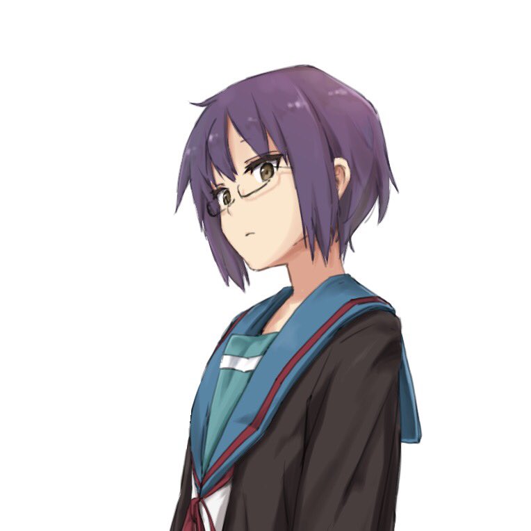 1girl bad_id bad_twitter_id brown_eyes closed_mouth commentary_request glasses long_sleeves nagato_yuki purple_hair rauto sailor_collar school_uniform serafuku short_hair simple_background solo suzumiya_haruhi_no_yuuutsu upper_body white_background