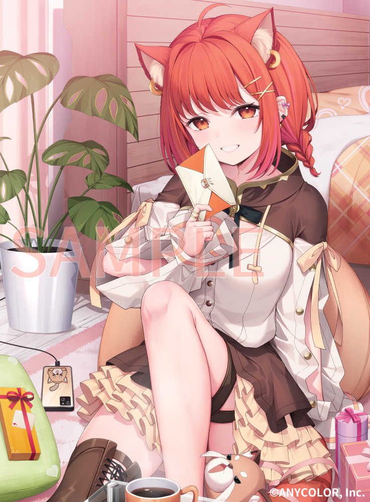 1girl ahoge animal_ear_fluff animal_ears bed boots box braid breasts brown_footwear brown_skirt cellphone charger copyright_name cup earclip envelope gift gift_box grin hair_intakes hair_ornament hairclip holding holding_envelope looking_at_viewer mug nijisanji official_alternate_costume official_alternate_hairstyle official_art orange_eyes phone plant potted_plant ratna_petit red_hair red_panda sample_watermark shirt single_thigh_boot skirt smartphone smile solo teeth thigh_boots virtual_youtuber watermark white_shirt x_hair_ornament yuuri_nayuta