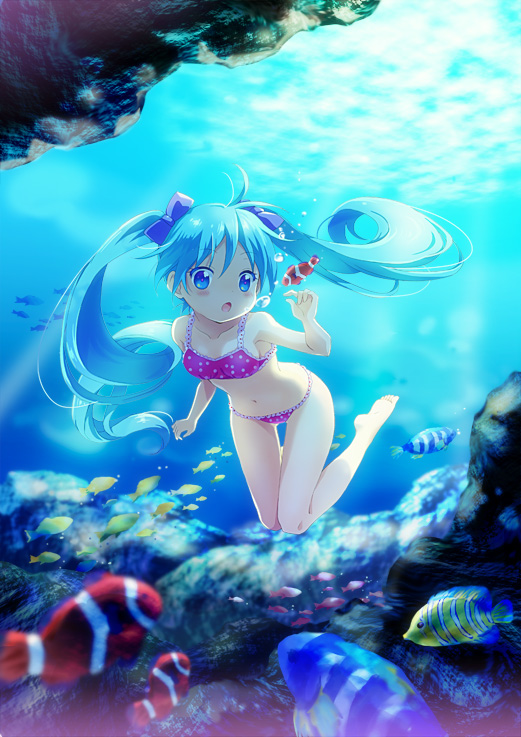 1girl :o bad_id bad_pixiv_id barefoot bikini blue_eyes blue_hair blush bubble clownfish female_focus fish freediving hatsune_miku long_hair matching_hair/eyes polka_dot polka_dot_bikini polka_dot_swimsuit sakuro solo swimming swimsuit twintails underwater vocaloid