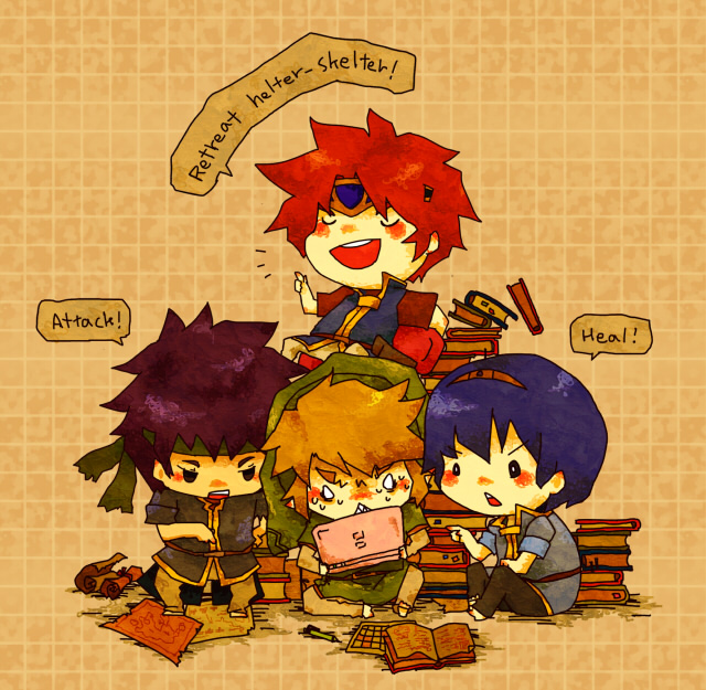 4boys ^^^ blonde_hair blue_hair book crossover english_text closed_eyes fire_emblem fire_emblem:_mystery_of_the_emblem fire_emblem:_path_of_radiance fire_emblem:_the_binding_blade handheld_game_console hat headband ike_(fire_emblem) link male_focus map marth_(fire_emblem) motimamire multiple_boys nintendo nintendo_ds red_hair roy_(fire_emblem) smile super_smash_bros. the_legend_of_zelda the_legend_of_zelda:_twilight_princess tiara