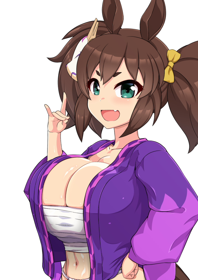 1girl animal_ears breasts brown_hair budget_sarashi cleavage fang green_eyes hikimayu horse_ears horse_girl horse_tail inari_one_(umamusume) isemagu japanese_clothes kimono large_breasts open_clothes open_mouth purple_kimono sarashi simple_background smile solo sweat tail twintails umamusume upper_body white_background