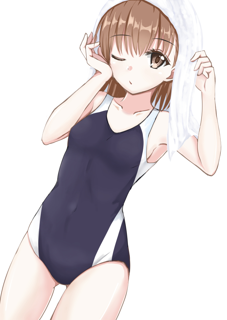 1girl 2020 20s 3535mb bare_shoulders black_one-piece_swimsuit breasts brown_eyes brown_hair collarbone commentary_request competition_swimsuit dutch_angle gluteal_fold looking_at_viewer matching_hair/eyes misaka_mikoto one-piece_swimsuit one_eye_closed school_swimsuit short_hair simple_background small_breasts solo standing swimsuit thighs toaru_kagaku_no_railgun toaru_majutsu_no_index tokiwadai_school_swimsuit towel towel_on_head white_background