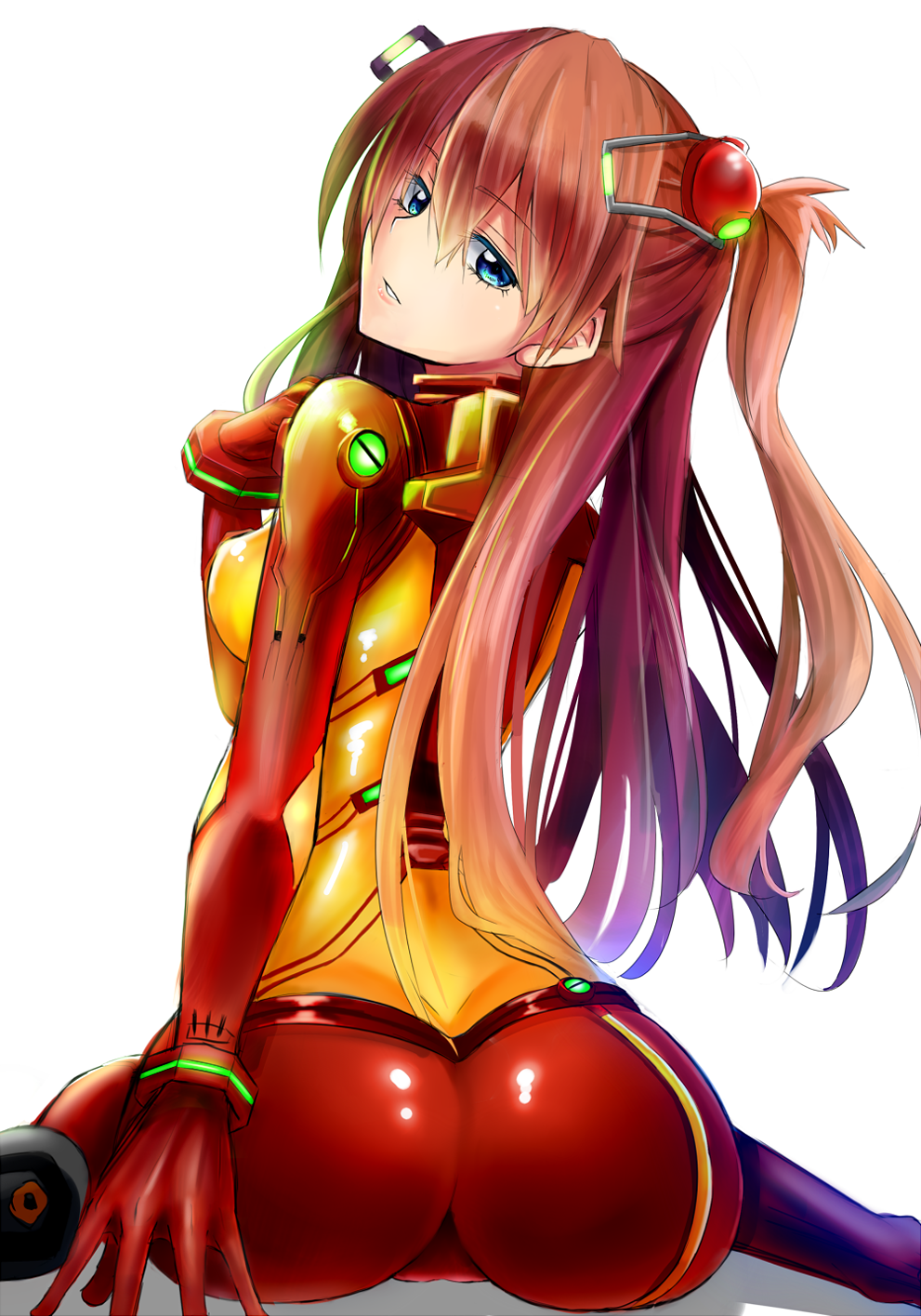 cure slum, souryuu asuka langley, neon genesis evangelion, highres, 1girl,  ass, blue eyes, bodysuit, breasts, brown hair, butt crack, from behind,  long hair, looking at viewer, looking back, medium breasts, multicolored  clothes,