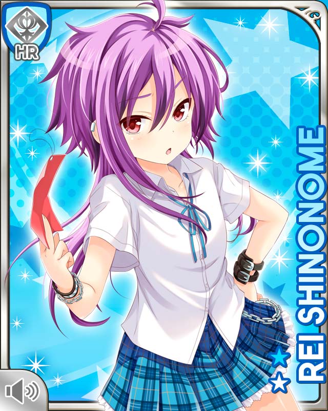 1girl :o armband blue_background blue_neckwear blue_skirt card_(medium) chain character_name girlfriend_(kari) hand_on_own_hip holding long_hair official_art open_mouth plaid_clothes plaid_skirt purple_hair qp:flapper red_eyes school_uniform shinonome_rei shirt skirt solo tag tagme wallet_chain white_shirt