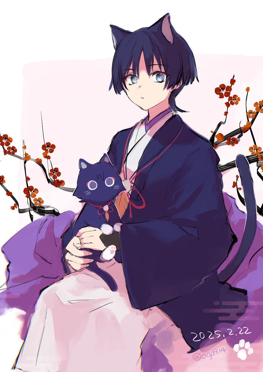 1boy animal animal_ears animalization armor blue_eyes blunt_ends cat cat_boy cat_ears cat_tail closed_mouth dated eyelashes feathers fingernails flower genshin_impact han&#039;eri haori highres holding holding_animal holding_cat japanese_armor japanese_clothes kimono kote kurokote long_sleeves looking_at_viewer male_focus oga914 person_and_animalization plum_blossoms pom_pom_(clothes) purple_cat purple_hair purple_haori purple_kimono purple_sash purple_sleeves red_flower sash scaramouche_(cat)_(genshin_impact) scaramouche_(genshin_impact) scaramouche_(kabukimono)_(genshin_impact) sitting sketch solo string tail twitter_username white_kimono yellow_feathers