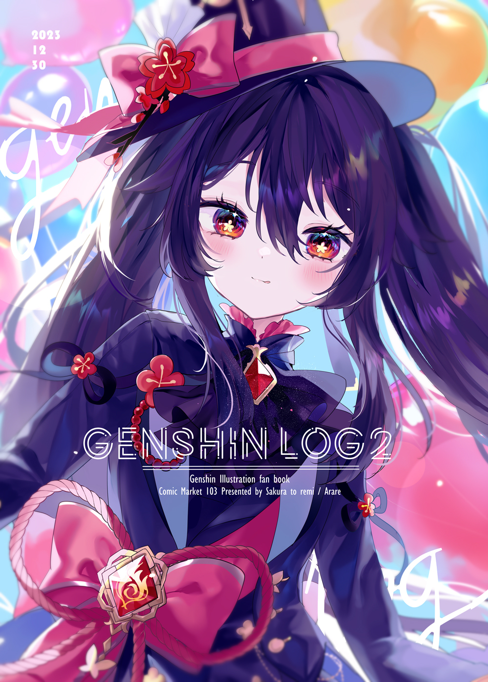 1girl :q artist_name black_hair black_hat blush bow brooch clothing_request comiket_103 commentary_request cosplay diamond-shaped_brooch dot_nose english_text flower flower_in_eye frilled_shirt_collar frills furina_(genshin_impact) furina_(genshin_impact)_(cosplay) gem genshin_impact hair_between_eyes hat hat_bow hat_flower highres hu_tao_(genshin_impact) jewelry lens_flare looking_at_viewer melonbooks pink_bow red_eyes red_gemstone sakurato_remi sidelocks solo symbol_in_eye tongue tongue_out twintails upper_body vision_(genshin_impact)