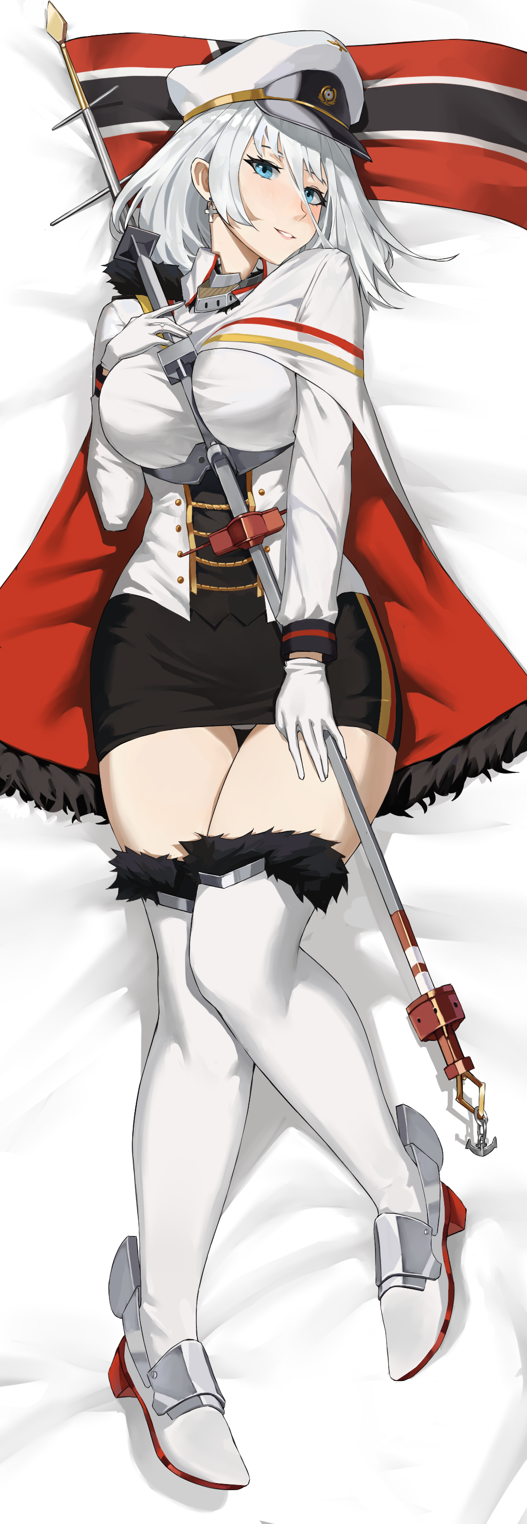 1girl absurdres adjusting_clothes adjusting_headwear azur_lane blue_eyes boots breasts cape commentary commission cross cross_earrings dakimakura_(medium) earrings flag flagpole full_body fur-trimmed_cape fur_collar fur_trim gloves hair_between_eyes hat highres holding holding_pole jewelry large_breasts looking_at_viewer lying military military_hat military_uniform on_back parted_lips peaked_cap pole rawoon_d ring short_hair smile solo thigh_boots tirpitz_(azur_lane) wedding_ring white_boots white_gloves white_hat