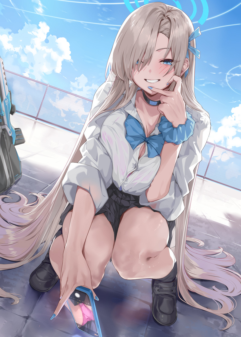 1girl asuna_(blue_archive) black_choker black_skirt blonde_hair blue_archive blue_eyes blue_nails blue_sky breasts button_gap cellphone chain-link_fence choker cloud day fence full_body grin gyaru halo holding holding_phone large_breasts long_hair looking_at_viewer miniskirt ohland outdoors panties pantyshot phone pink_panties scrunchie shirt skirt sky smartphone smile solo squatting underwear very_long_hair white_shirt wrist_scrunchie