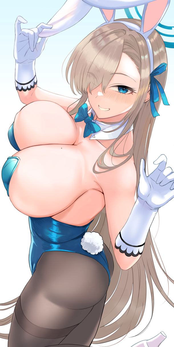 1girl animal_ears ashita_(2010) asuna_(blue_archive) asuna_(bunny)_(blue_archive) bare_shoulders blue_archive blue_eyes blue_leotard blue_ribbon blush breasts brown_pantyhose cleavage detached_collar elbow_gloves fake_animal_ears gloves grin hair_over_one_eye hair_ribbon halo highleg highleg_leotard highres large_breasts leotard light_brown_hair long_hair looking_at_viewer mole mole_on_breast pantyhose playboy_bunny rabbit_ears rabbit_tail ribbon sideboob smile solo tail thighband_pantyhose thighs very_long_hair white_gloves