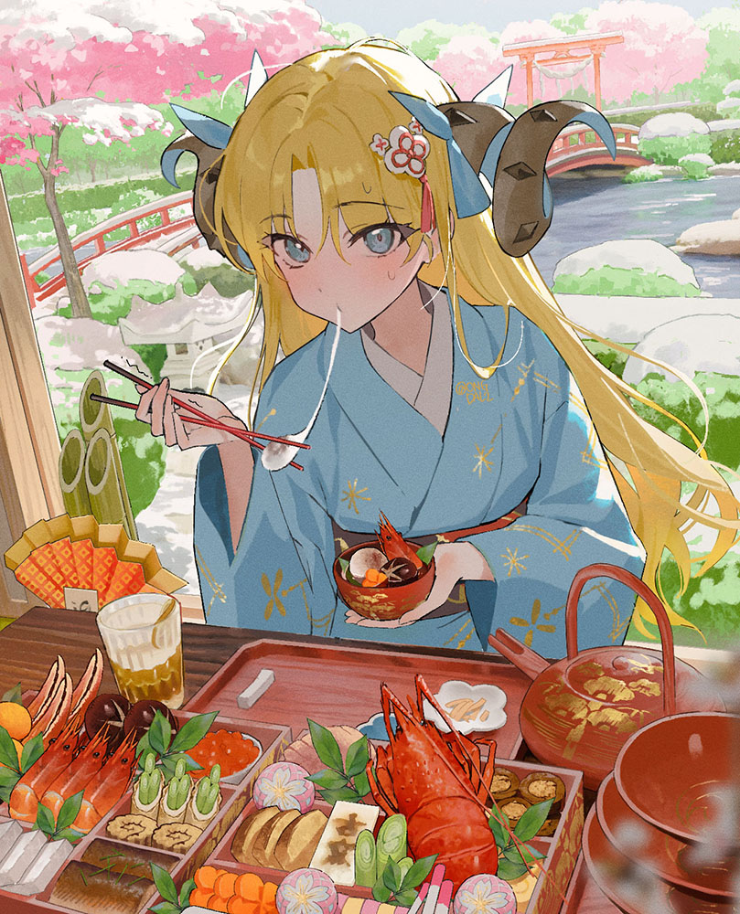 1girl bamboo blonde_hair blue_eyes blue_kimono blush bowl box bread bread_slice bridge bush cherry_blossoms chopsticks cup eating ereshkigal_(fate) fate/grand_order fate_(series) food hair_ornament holding holding_bowl holding_chopsticks horns japanese_clothes kimono lobster ongdal2 print_kimono ribbon sash shrimp snow snow_on_tree solo space_ereshkigal_(fate) space_ereshkigal_(third_ascension)_(fate) sweatdrop teapot torii tree water