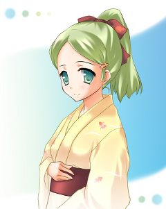 00s green_eyes green_hair japanese_clothes kimidori_emiri kimono lowres ponytail suzumiya_haruhi_no_yuuutsu yukata