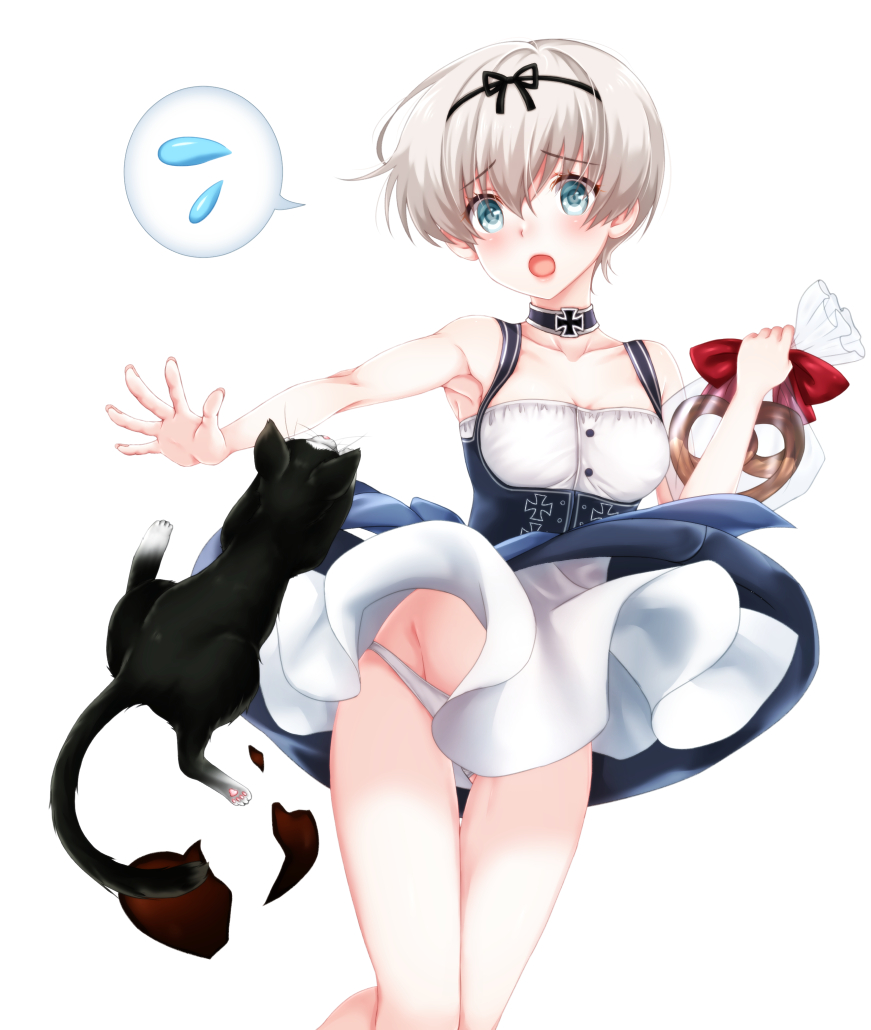 10s 1girl :o adapted_costume alternate_costume animal armpits bag baretto baretto_(firearms_1) black_cat black_ribbon blue_eyes blush bow breasts broken_heart buttons candy cat chocolate chocolate_heart choker cleavage clothes_lift collarbone convenient_skirt cross dirndl dress dress_lift eyebrows food german_clothes gluteal_fold groin hairband heart holding holding_food iron_cross kantai_collection medium_breasts outstretched_arm panties pantyshot plastic_bag pretzel red_bow red_lips ribbon short_hair silver_hair simple_background sleeveless spoken_sweatdrop spread_fingers standing sweatdrop thigh_gap transparent underbust underwear unsinkable_sam white_background white_panties worried z1_leberecht_maass_(kancolle) z1_leberecht_maass_(oktoberfest_mode)_(kancolle)