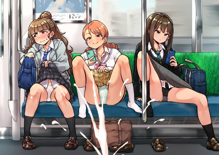 3girls clothes_lift cum ejaculation flashing gojarun hojo_karen idolmaster idolmaster_cinderella_girls kamiya_nao lifting_own_clothes multiple_girls non-web_source public_indecency shibuya_rin skirt skirt_lift third-party_edit train train_interior triad_primus_(idolmaster) voyeurism