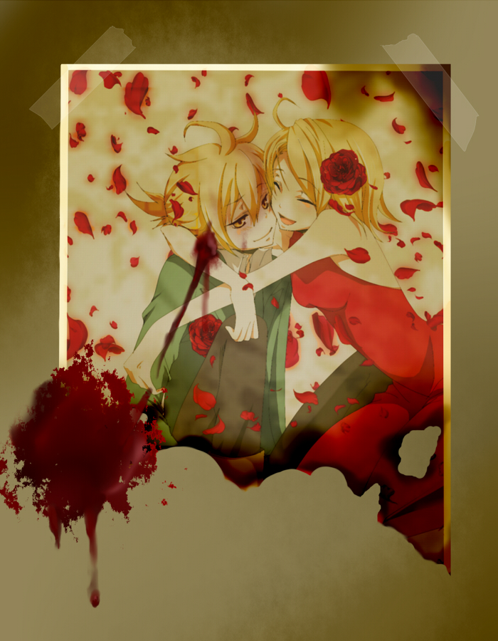 1boy 1girl aku_no_musume_(vocaloid) allen_avadonia bad_id bad_pixiv_id blonde_hair blood brother_and_sister dress evillious_nendaiki flower hug kagamine_len kagamine_rin petals photo_(medium) photo_(object) riliane_lucifen_d&#039;autriche rose sayo_(mutuha) short_hair siblings smile twins vocaloid yellow_eyes