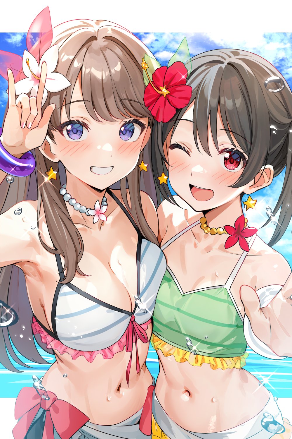 2girls :d ;d \m/ asymmetrical_docking bikini black_hair blue_sky blush bracelet breast_press breasts brown_hair cleavage collarbone commentary cosplay earrings flower flower_necklace fujishima_megumi green_bikini grin hibiscus highres jewelry large_breasts letterboxed link!_like!_love_live! long_hair love_live! love_live!_school_idol_project medium_hair multiple_girls natsuiro_egao_de_1_2_jump! navel necklace official_alternate_costume one_eye_closed open_mouth outside_border purple_eyes red_eyes red_flower shiitake_taishi sky small_breasts smile star_(symbol) star_earrings striped_bikini striped_clothes swimsuit teeth trait_connection twintails two_side_up upper_body upper_teeth_only white_bikini white_flower yazawa_nico yazawa_nico_(cosplay)