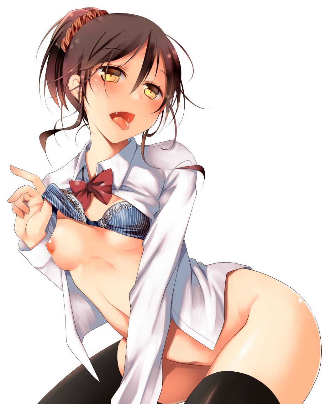 1girl bad_id bad_twitter_id bent_over black_thighhighs blush bottomless bow bowtie bra bra_lift breasts brown_hair collared_shirt fang female_focus hair_between_eyes highres lace lace-trimmed_bra lace_trim leaning_forward long_sleeves looking_at_viewer navel nipples open_mouth original ponytail red_bow red_bowtie saliva scrunchie shirt sidelocks simple_background small_breasts solo striped_bra striped_clothes theta_(ponkotsu_works) thighhighs tongue tongue_out underwear vertical-striped_bra vertical-striped_clothes white_background white_shirt yellow_eyes