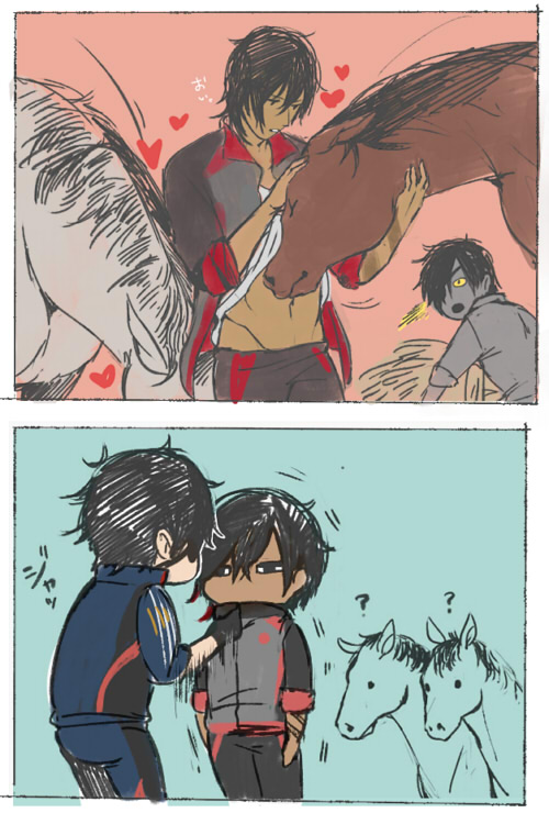 10s 2boys 2koma ? alternate_costume animal black_hair blue_background chibi clothes_lift comic dark-skinned_male dark_skin eyepatch flat_color heart horse jitome male_focus multiple_boys navel ookurikara open_clothes open_mouth partially_colored personification red_background shirt_lift shokudaikiri_mitsutada silent_comic simple_background sleeves_rolled_up tattoo touken_ranbu track_suit uosuko zipping