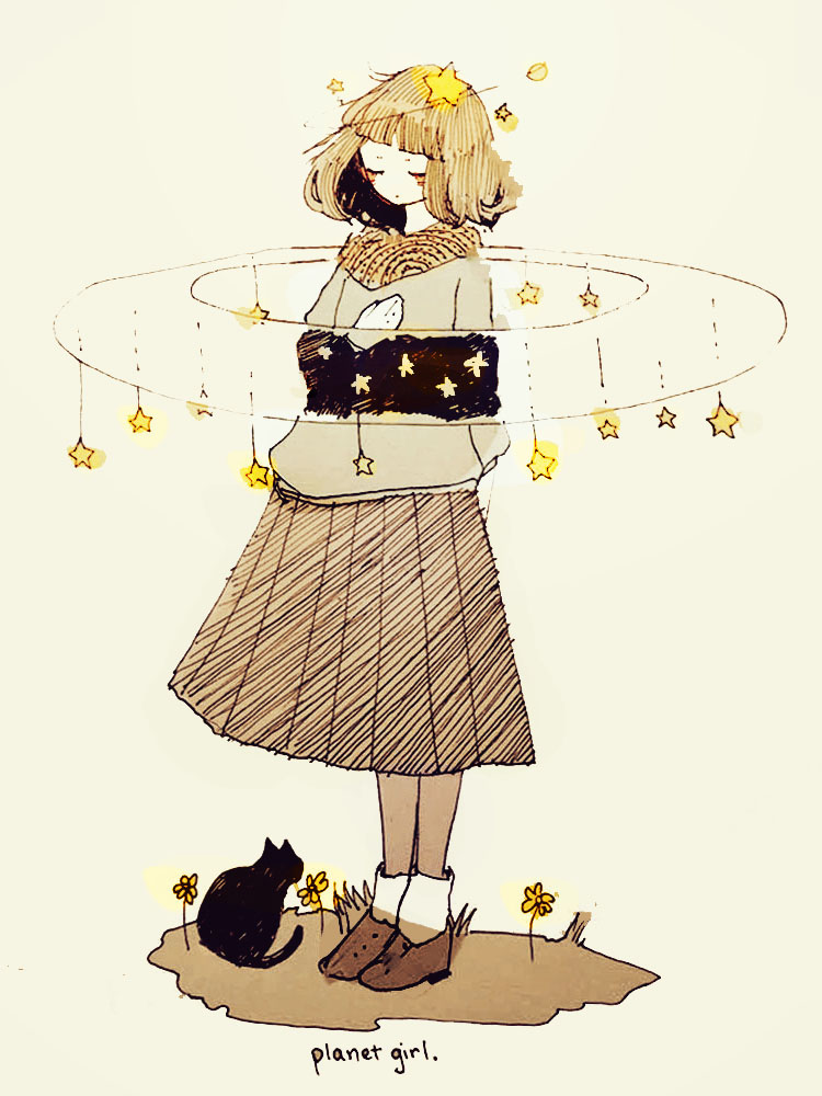 1girl bad_id bad_pixiv_id black_cat blonde_hair blush cat closed_eyes female_focus flower full_body grey_background hand_on_own_chest original personification pleated_skirt shoes simple_background sketch skirt socks solo standing star_(sky) tofuvi white_socks