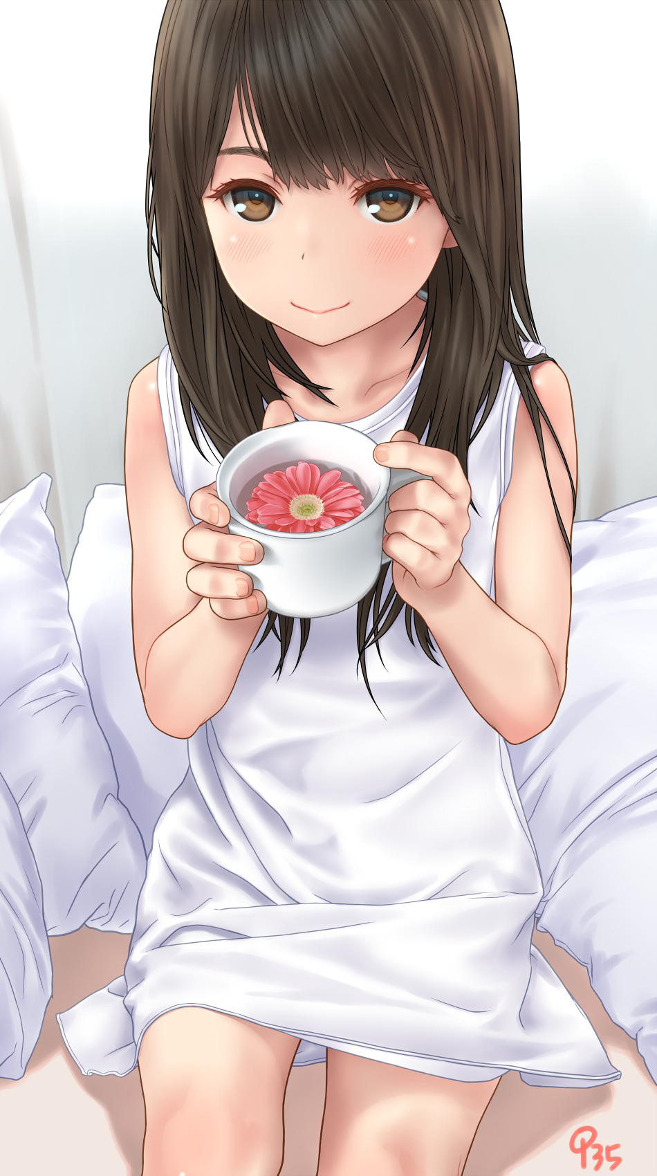 1girl aoi_kumiko black_hair blush brown_eyes commentary_request cup dress flat_chest flower highres holding holding_cup long_hair looking_at_viewer original photo-referenced sitting sleeveless sleeveless_dress smile solo white_dress