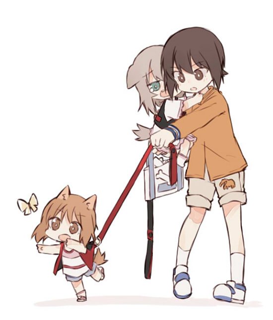 10s 3girls animal_ears bad_id bad_twitter_id blush brown_eyes brown_hair bug butterfly carrying casual dog_ears dog_tail fud girls_und_panzer insect itsumi_erika kemonomimi_mode leash multiple_girls nishizumi_maho nishizumi_miho short_hair shorts size_difference tail tail_wagging tears