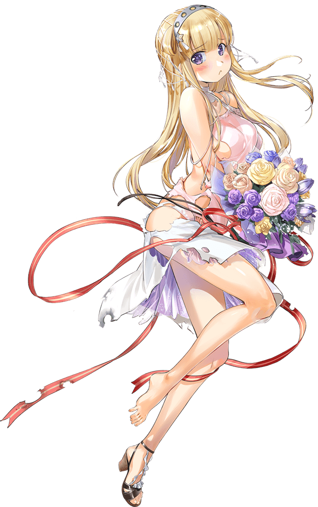 1girl barefoot blonde_hair bouquet breasts double_bun dress fletcher_(kancolle) flower full_body hair_bun hair_ornament hair_ribbon hairband holding holding_bouquet kantai_collection large_breasts long_hair looking_to_the_side net official_alternate_costume official_art pout purple_eyes ribbon shoes single_shoe skirt solo star_(symbol) star_hair_ornament torn_clothes transparent_background veil white_skirt zeco