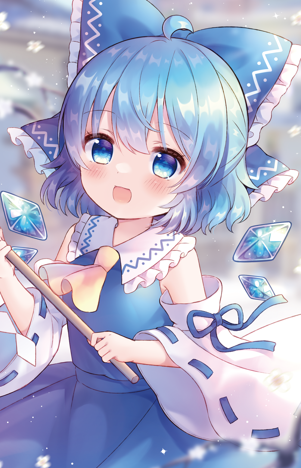 1girl :d ahoge ascot bare_shoulders blue_bow blue_eyes blue_hair blue_shirt blue_skirt blush bow cirno coa_(chroo_x) collared_shirt commentary_request cosplay detached_sleeves detached_wings frilled_bow frilled_shirt_collar frills gohei hair_bow hakurei_reimu hakurei_reimu_(cosplay) highres holding holding_gohei ice ice_wings looking_at_viewer open_mouth ribbon-trimmed_sleeves ribbon_trim shirt short_hair skirt skirt_set sleeveless sleeveless_shirt smile solo touhou upper_body white_sleeves wide_sleeves wings yellow_ascot