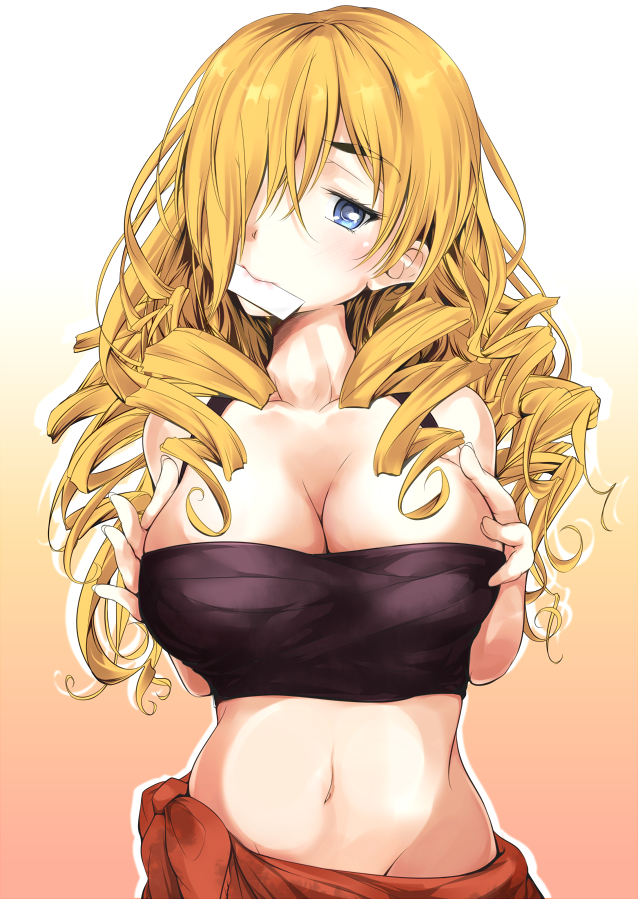 1girl alternate_eyebrows bare_arms bare_shoulders black_tank_top blonde_hair blue_eyes breasts cleavage collarbone commentary_request gradient_background hair_over_one_eye hands_on_own_breasts head_tilt large_breasts light_blush long_hair looking_at_viewer midriff mismatched_eyebrows mouth_hold navel orange_background oriana_thomason paper paper_in_mouth partial_commentary ringlets shin_(highest1192) solo stomach tank_top toaru_majutsu_no_index toaru_majutsu_no_index:_old_testament upper_body