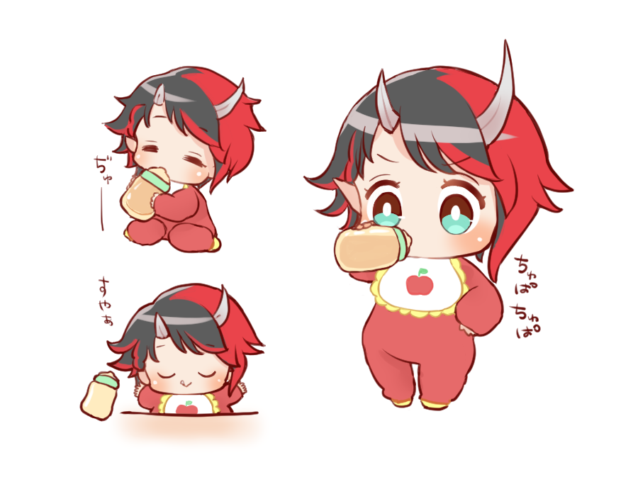 1girl nanashi_inc. aged_down apple_print baby baby_bottle bib black_hair blue_eyes bottle chibi closed_eyes closed_mouth commentary demon_girl demon_horns full_body horns kani_mogu multicolored_hair onesie pointy_ears red_hair ryugasaki_rene short_hair simple_background smile sugar_lyric translation_request two-tone_hair virtual_youtuber white_background