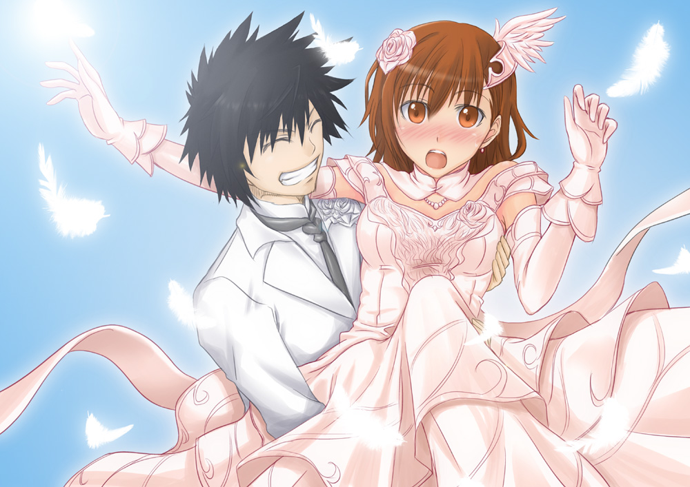 1boy 1girl black_hair blush brown_eyes brown_hair carrying closed_eyes couple dress falling_feathers feathers formal_clothes gloves grin hair_ornament hetero kamijou_touma kurogane_(blackxsilver) misaka_mikoto open_mouth pink_dress smile suit toaru_majutsu_no_index wedding wedding_dress white_suit