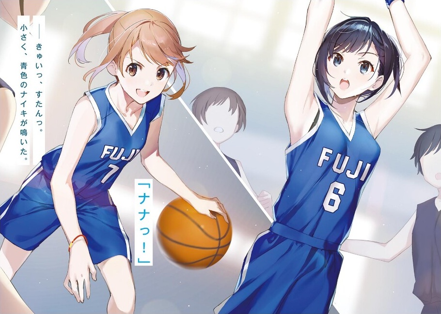 2girls :o aomi_haru armpits arms_up ball basketball basketball_(object) basketball_uniform black_hair blue_eyes blue_shirt blue_shorts bracelet breasts brown_hair chitose-kun_wa_ramune_bin_no_naka collarbone floating_hair hair_intakes jewelry medium_breasts multiple_girls nanase_yuzuki novel_illustration official_art ponytail shirt short_hair shorts sleeveless sleeveless_shirt split_screen sportswear weee_(raemz) wristband