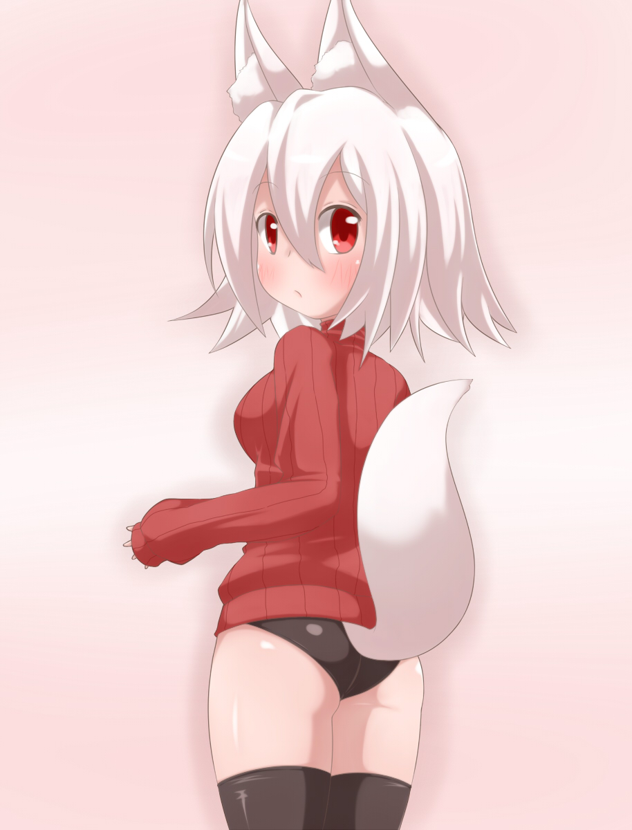 1girl a-ktoo animal_ears blush female_focus fox_ears from_behind highres looking_back red_eyes ribbed_sweater short_hair solo sweater white_hair