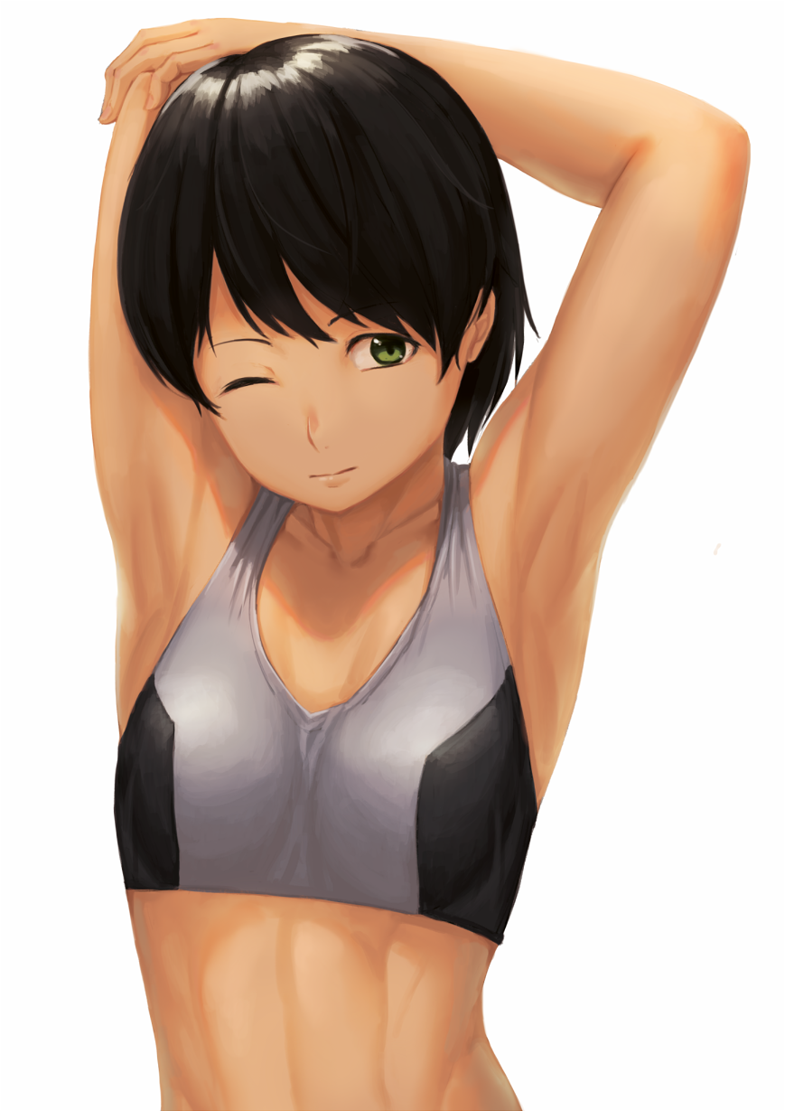 1girl armpits black_hair collarbone female_focus green_eyes highres looking_to_the_side one_eye_closed original ranma_(kamenrideroz) short_hair simple_background solo sports_bra white_background