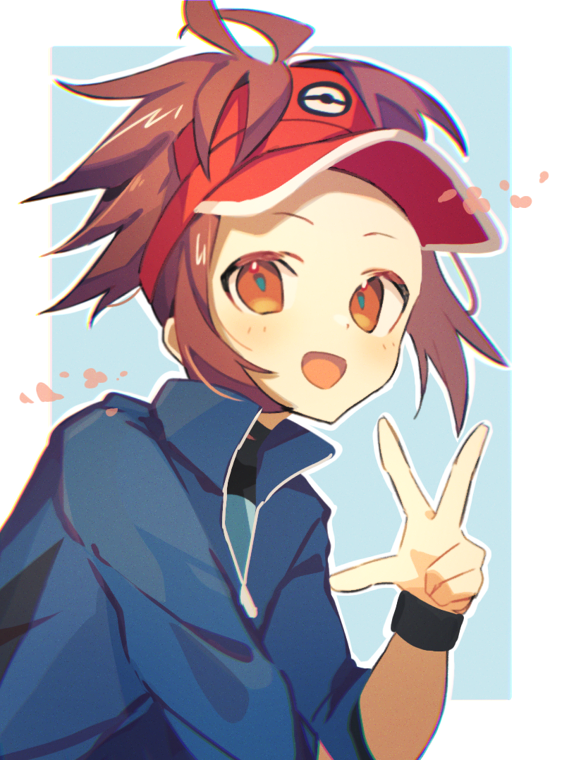 1boy :d blue_background blue_jacket blush bodysuit bodysuit_under_clothes border brown_eyes brown_hair chromatic_aberration commentary creatures_(company) fukami_dor game_freak hand_up jacket looking_at_viewer male_focus nate_(pokemon) nintendo open_mouth pokemon pokemon_bw2 short_hair smile visor_cap w white_border zipper zipper_pull_tab