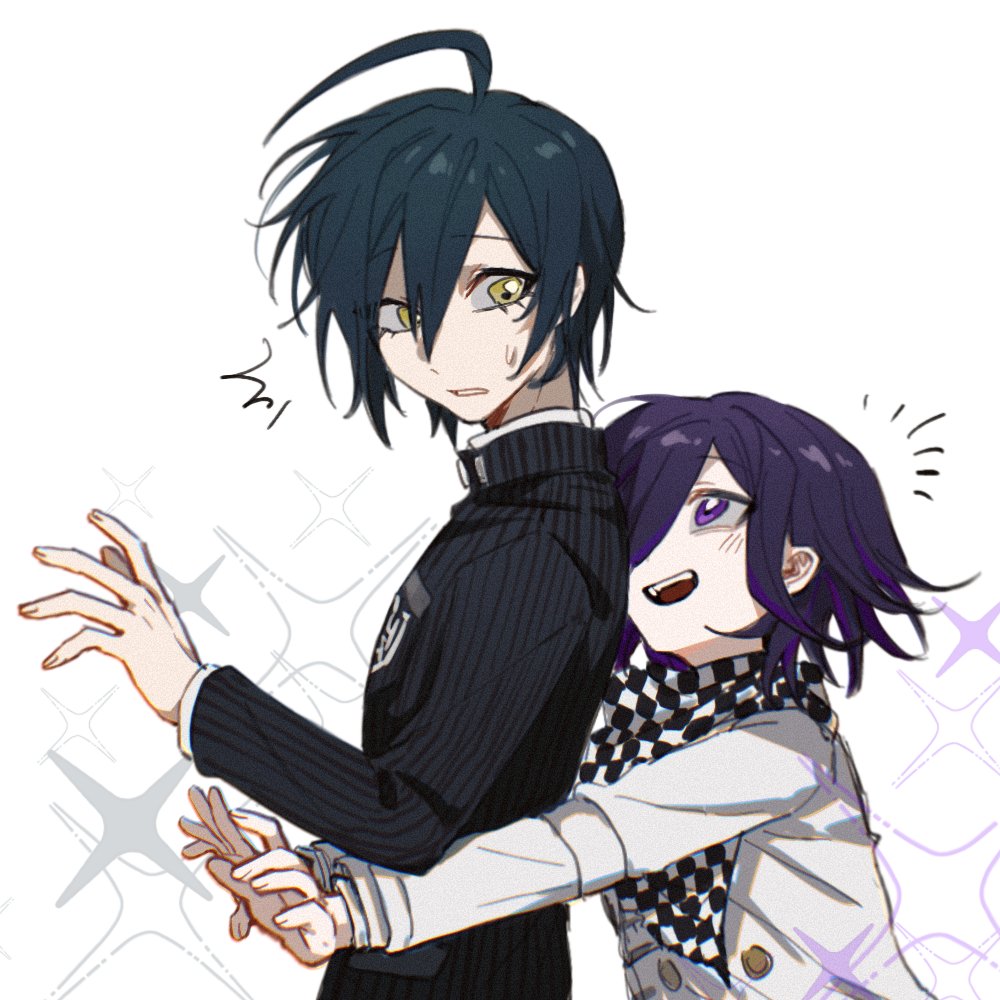 2boys affectionate ahoge black_hair blush checkered_clothes checkered_scarf commentary danganronpa_(series) danganronpa_v3:_killing_harmony eyelashes flipped_hair from_side hair_between_eyes height_difference hug hug_from_behind jacket long_sleeves male_focus multiple_boys oma_kokichi open_mouth purple_eyes purple_hair saihara_shuichi scarf short_hair simple_background smile sparkle striped_clothes striped_jacket surprised sweatdrop teeth tujiang6 two-tone_scarf upper_body white_background wide-eyed yellow_eyes