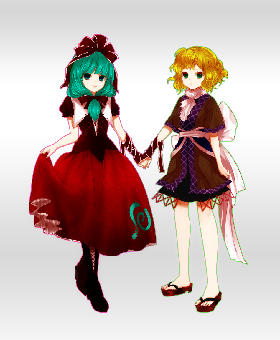 2girls aqua_eyes aqua_hair blonde_hair boots bow clog_sandals clothes_lift cross-laced_footwear female_focus frills front_ponytail geta gin_fragrans gradient_background green_eyes green_hair hair_bow holding_hands kagiyama_hina lace-up_boots long_hair mizuhashi_parsee multiple_girls ribbon scarf short_hair skirt skirt_hold skirt_lift smile touhou wrist_ribbon