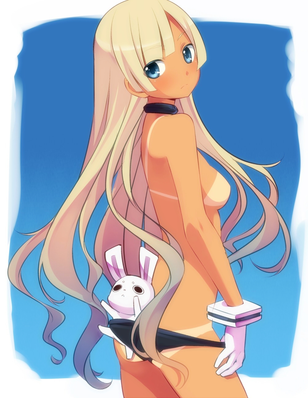 1girl adjusting_clothes adjusting_swimsuit ass bad_id bad_pixiv_id bikini bikini_bottom_only blonde_hair blue_eyes blush breasts collar female_focus gloves highres hime_cut kiya_machi long_hair looking_back original rabbit simple_background solo swimsuit tan tanline topless very_long_hair