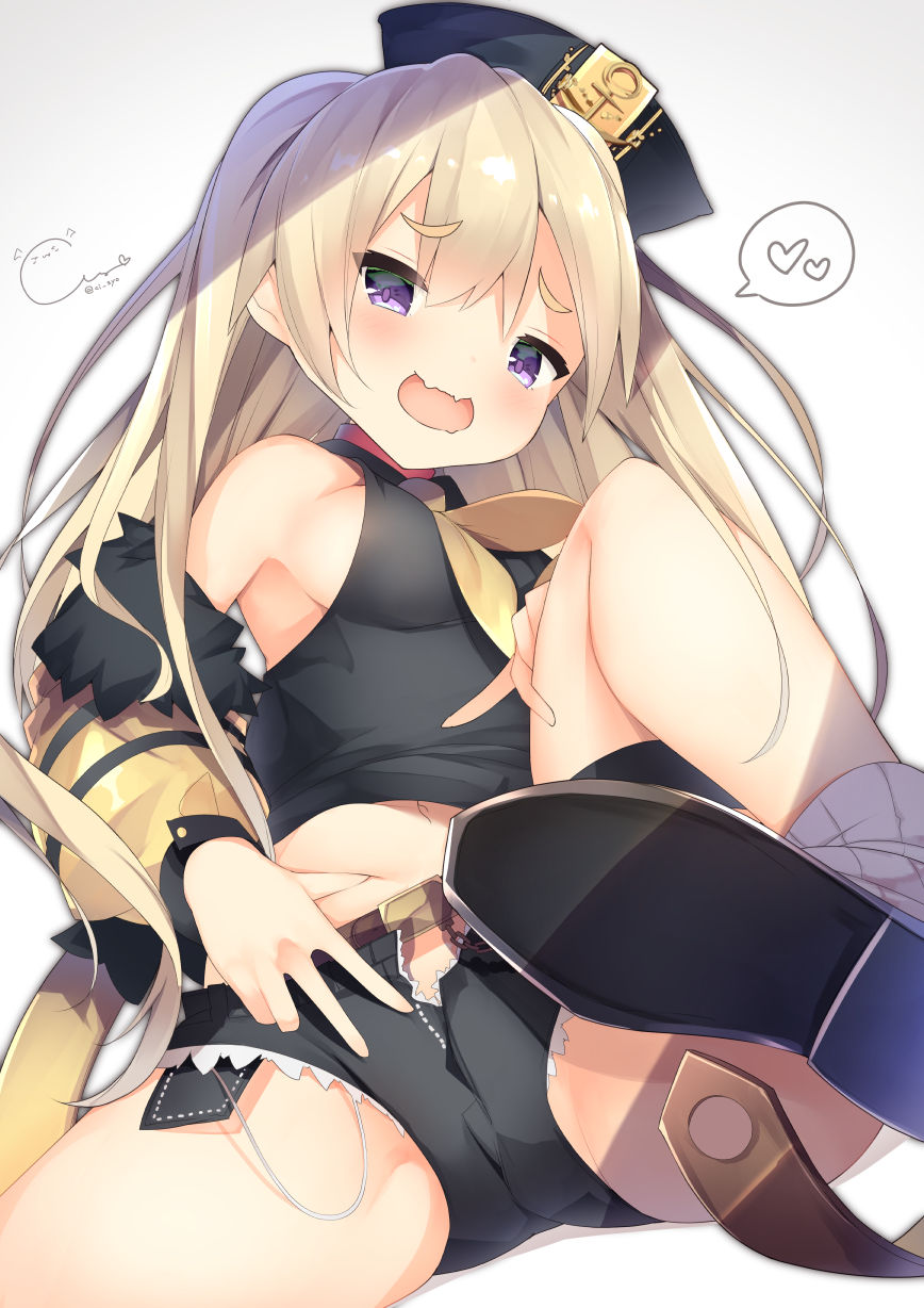 1girl anchor azur_lane bache_(azur_lane) bare_shoulders belt belt_buckle black_footwear black_headwear black_shirt black_shorts breasts brown_belt brown_neckerchief brown_sleeves buckle cisyo commentary_request dated detached_sleeves fur-trimmed_sleeves fur_trim gradient_background grey_background heart highres light_brown_hair long_hair long_sleeves medium_breasts midriff navel neckerchief open_clothes open_fly open_shorts puffy_long_sleeves puffy_sleeves ribbed_legwear shirt shoe_soles shoes shorts signature sleeveless sleeveless_shirt socks solo spoken_heart very_long_hair white_background white_socks