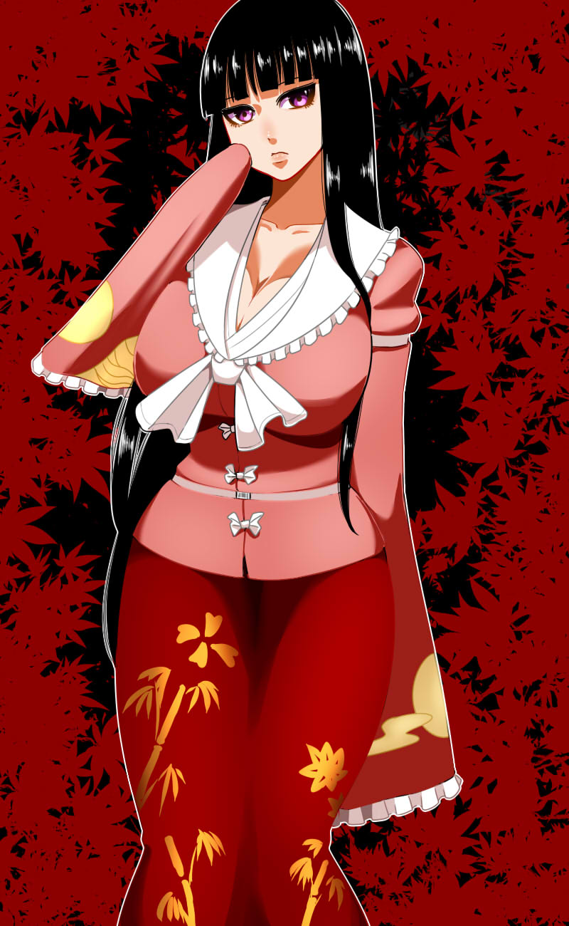 1girl black_hair bow breasts cleavage closed_mouth collarbone cowboy_shot curvy frilled_shirt frilled_shirt_collar frilled_sleeves frills gingham_(amalgam) highres houraisan_kaguya large_breasts long_hair long_skirt purple_eyes red_skirt shirt skirt solo touhou very_long_hair very_long_sleeves