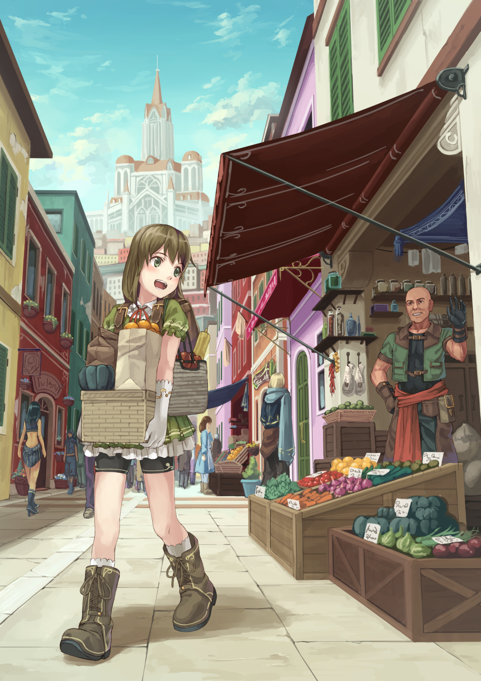 awning backpack bag bald basket bike_shorts boots brown_hair castle city eichisu fantasy food gloves green_eyes highres original paper_bag slice_of_life smile storefront vegetable waving