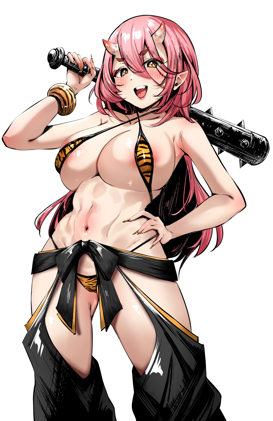 1girl animal_print areola_slip bikini black_pants blush breasts club club_(weapon) collarbone eyeshadow fang fingernails hair_between_eyes hand_on_own_hip highres holding holding_weapon horns kanabou large_breasts long_hair looking_at_viewer makeup micro_bikini nail_art nail_polish navel oni open_mouth orange_nails original pants pink_eyeshadow pink_hair pointy_ears simple_background smile solo stomach swimsuit teeth thighs tiger_print upper_teeth_only weapon white_background yellow_bikini yellow_eyes yuzuki_tsuzuru